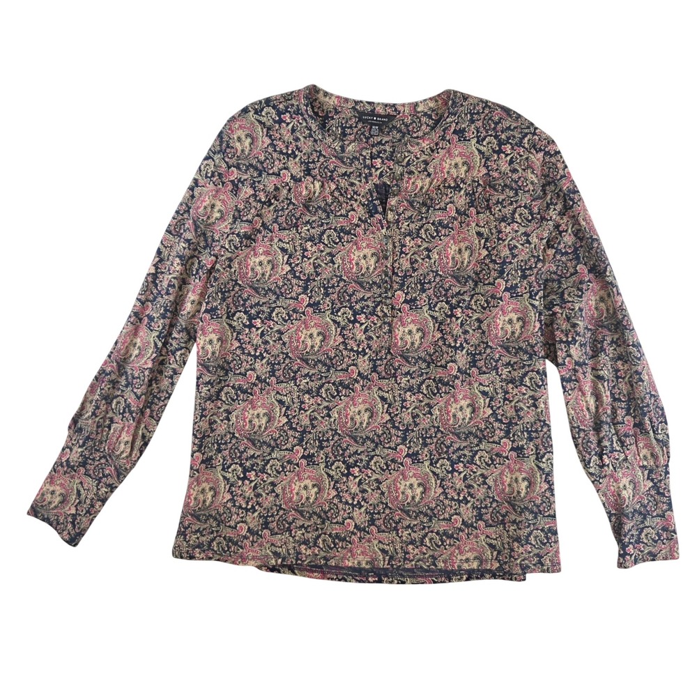 Lucky Brand Paisley Henley Blouse‎ Cotton Modal Size Medium Bohemian Pink Navy - Picture 2 of 11